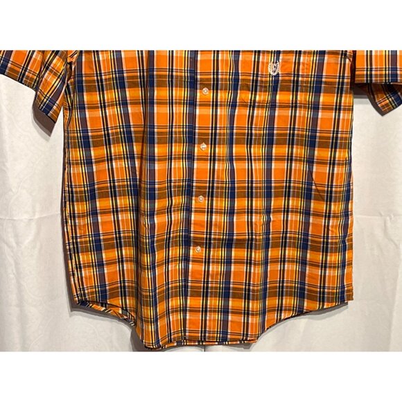 Chaps Mens Plaid Button-Down Shirt Size L Orange/Blue Short Sleeve Easy Care Cot - Picture 5 of 9